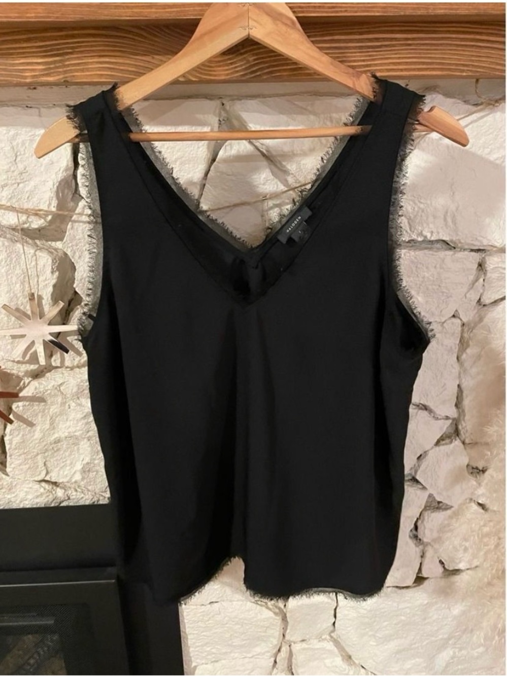 Halogen Black V-Neck Sleeveless Camisole with Frayed Trim